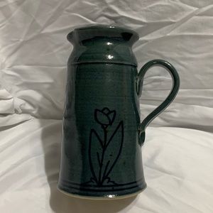 Vintage signed Jonathan Kesler blue with flower design pottery pitcher